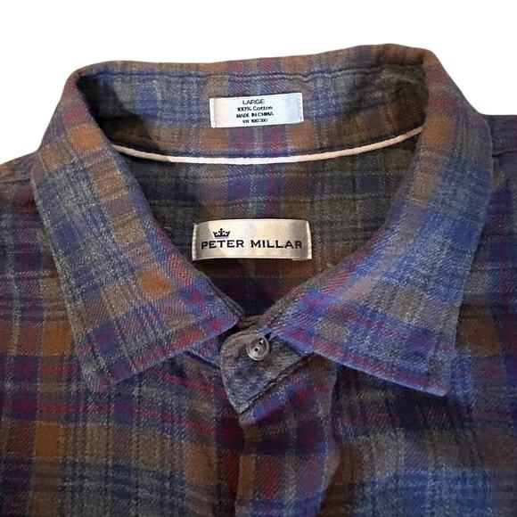 Peter Millar Men’s Cotton Plaid Flannel Brown/Blue Shirt Size L Preppy Mountain - Picture 3 of 8